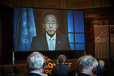 Secretary General of the United Nations Ban Ki-moon greets the audience via video link.