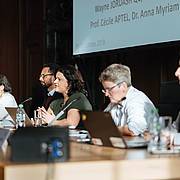 The panelists Dr. Anna Myriam Roccatello, Wayne Jordash QC, Sareta Ashraph, Prof. Alette Smeulers, and Prof. Cécile Aptel (from left to right)