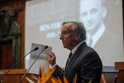 Ben Ferencz Memorial Event – Donald M. Ferencz delivering an emotional speech.
