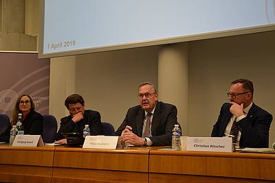 from left to right: Dr. Vivinane Dittrich (Nuremberg Academy), Wolfgang Kaleck (ECCHR), Klaus Rackwitz (Nuremberg Academy), and Christian Ritscher (Office of the German Federal Prosecutor General)