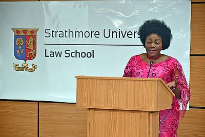 Justice Aluoch giving her second keynote speech, photo: Strathmore University