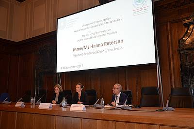 "The history of interpretation before international criminal tribunals" – (from left) Sylvie Nossereau, Hanna Petersen (chair of session) and Dr Theodoros Radisoglou