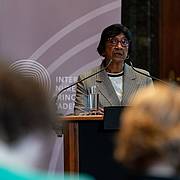Dr. Navi Pillay, former UN High Commissioner for Human Rights and President of the Advisory Council of the Nuremberg Academy, delivering the keynote speech