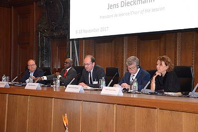 "Issues faced by the Defence" - (from left) David Hein, Xavier-Jean Keïta, Jens Dieckmann (chair of session), Jean-Louis Gilissen and Silke Studzinsky