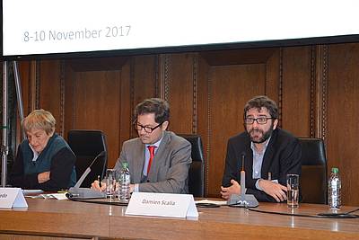 "An empirical approach to international justice" – (from left) Catherine Mabille, Eduardo Toledo (chair of session) and Damien Scalia