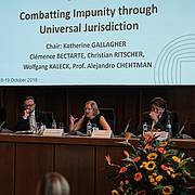Panel V: "Combatting Impunity through Universal Jurisdiction" with Prof. Alejandro Chehtman, Christian Ritscher, Katherine Gallagher, Wolfgang Kaleck, and Clémence Bectarte (from left to right)
