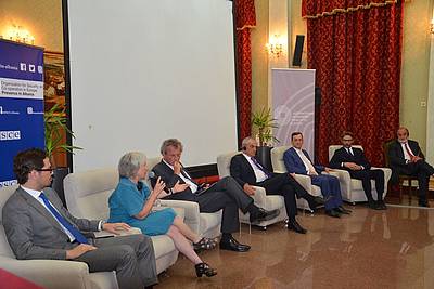Panel Discussion with Eduardo Toledo, Sabine Jainski, Ambassador Bernd Borchardt, Gramoz Ruçi, Sokol Sadushi, Gent Ibrahimi, and Theodor Orlin (from left to right)