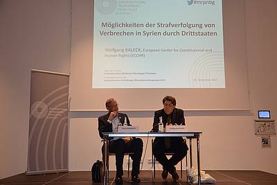 Klaus Rackwitz, Director of the International Nuremberg Principles Academy, and Wolfgang Kaleck, General Secretary of the ECCHR  (from left) - "Possibilities of prosecuting war crimes in Syria by third countries"