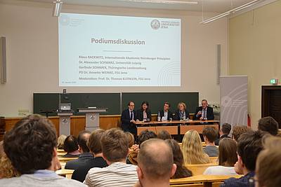 The panelists from left to right: Prof. Thomas Kleinlein, PD Dr. Annette Weinke, Dr. Alexander Schwarz, Gerlinde Sommer, and Klaus Rackwitz
