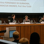 Panel II – Complementarity: Universal Aspirations Versus Tangible Results, with Prof. Dire Tladi, Prof. Diane Orentlicher, Judge Silvia Fernández de Gurmendi and Tamara Taraciuk Broner (from left to right)