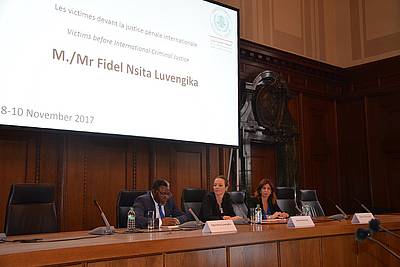 "Victims before International Criminal Justice" – (from left) Fidel Nsita Luvengika, Hanna Petersen (chair of session) and Marie-Reine Sfeir