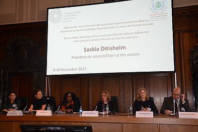 "Issues faced by the Defence, part 2" - (from left) Héleyn Uñac, Natalie von Wistinghausen, Anta Guissé, Saskia Ditisheim (chair of session), Kate Mackintosh and Dominic Kennedy